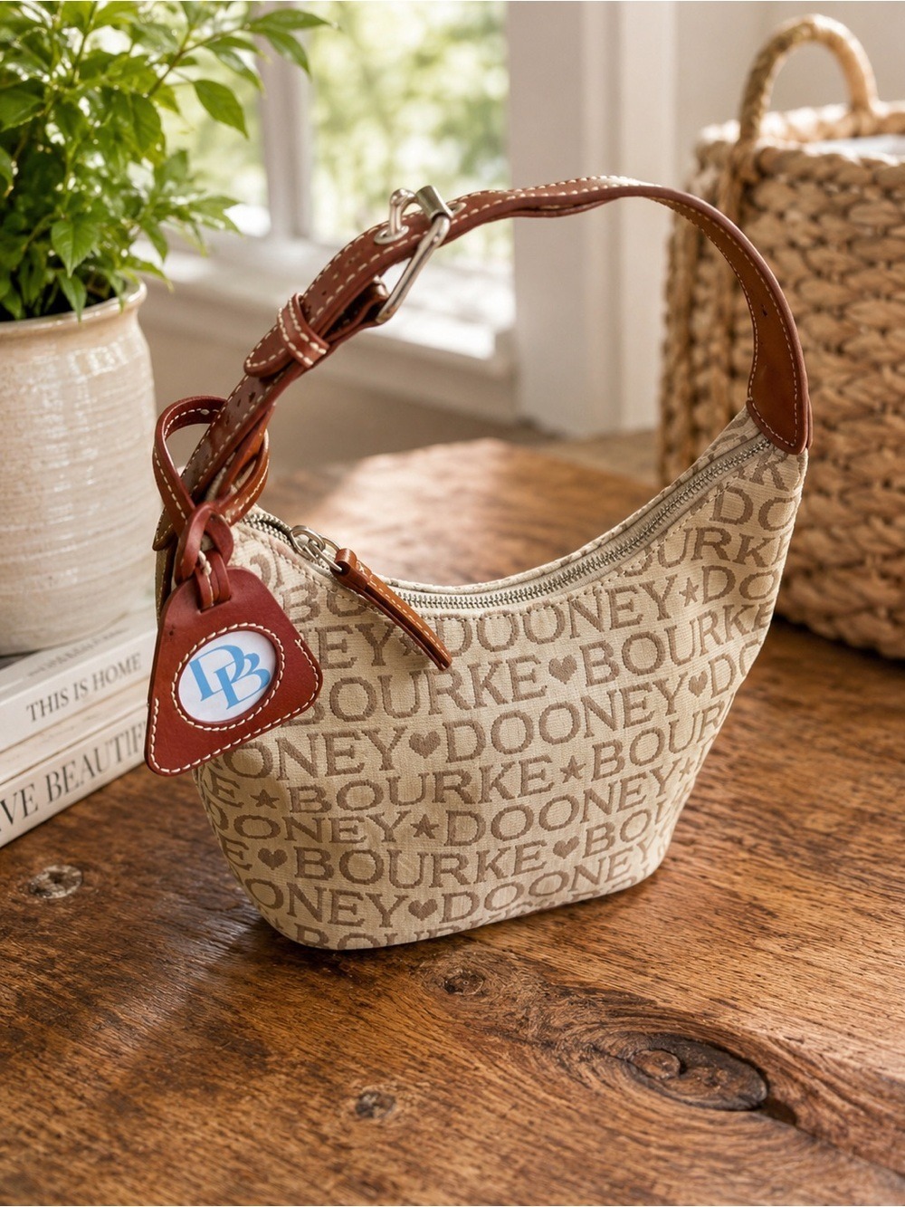 Dooney & Bourke Beige Signature Logo Mini Hobo Bag Brown Leather Trim • Like New - Picture 3 of 13
